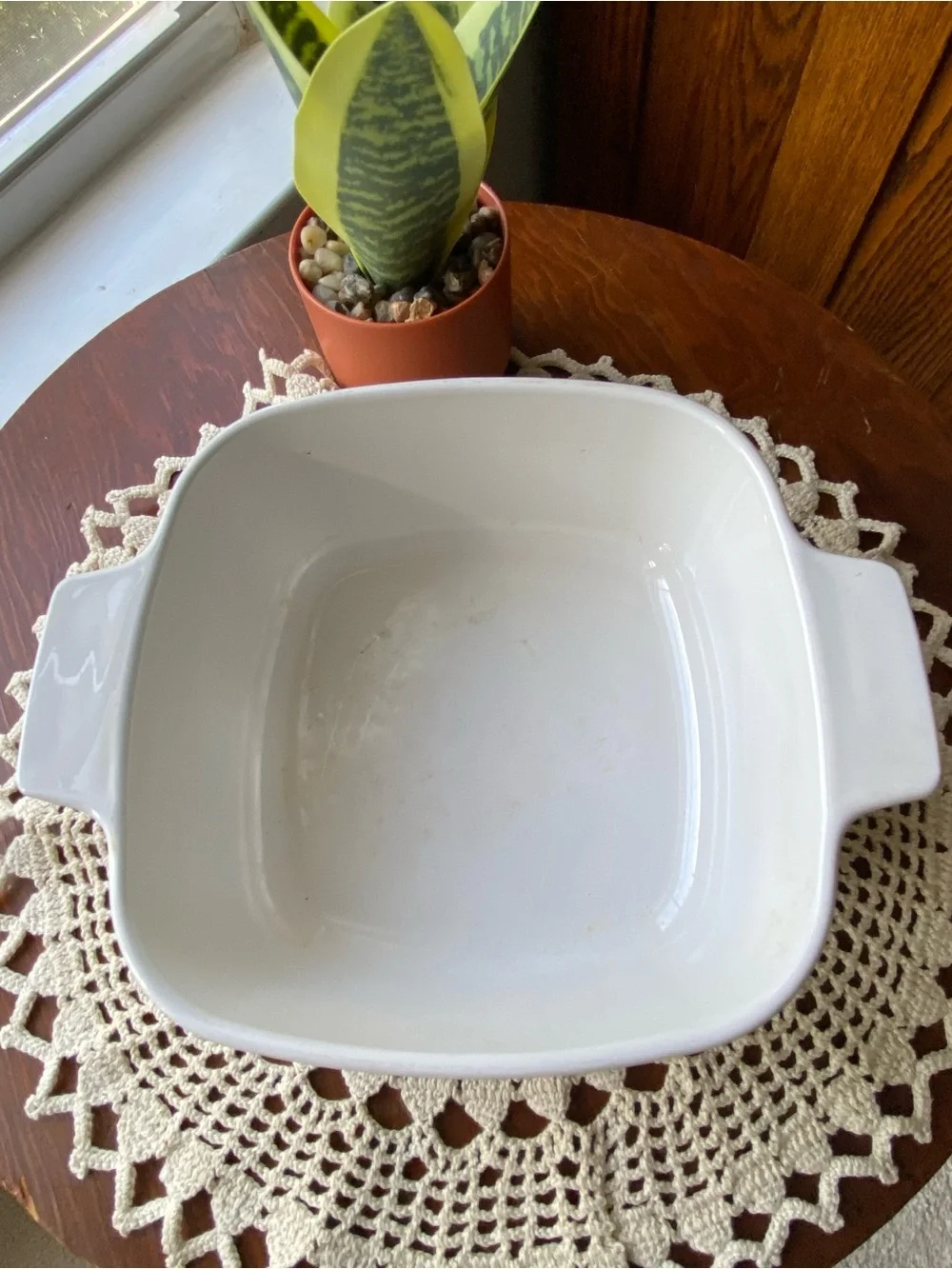 Vintage Corringware White Ceramic Herb & Vegetable Casserole Dish with Glass Lid